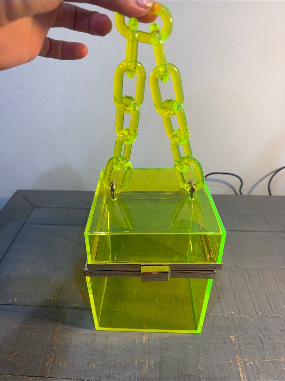 Neon Yellow Acrylic Box Handbag with Chunky Chain Handle - Picture 4 of 5